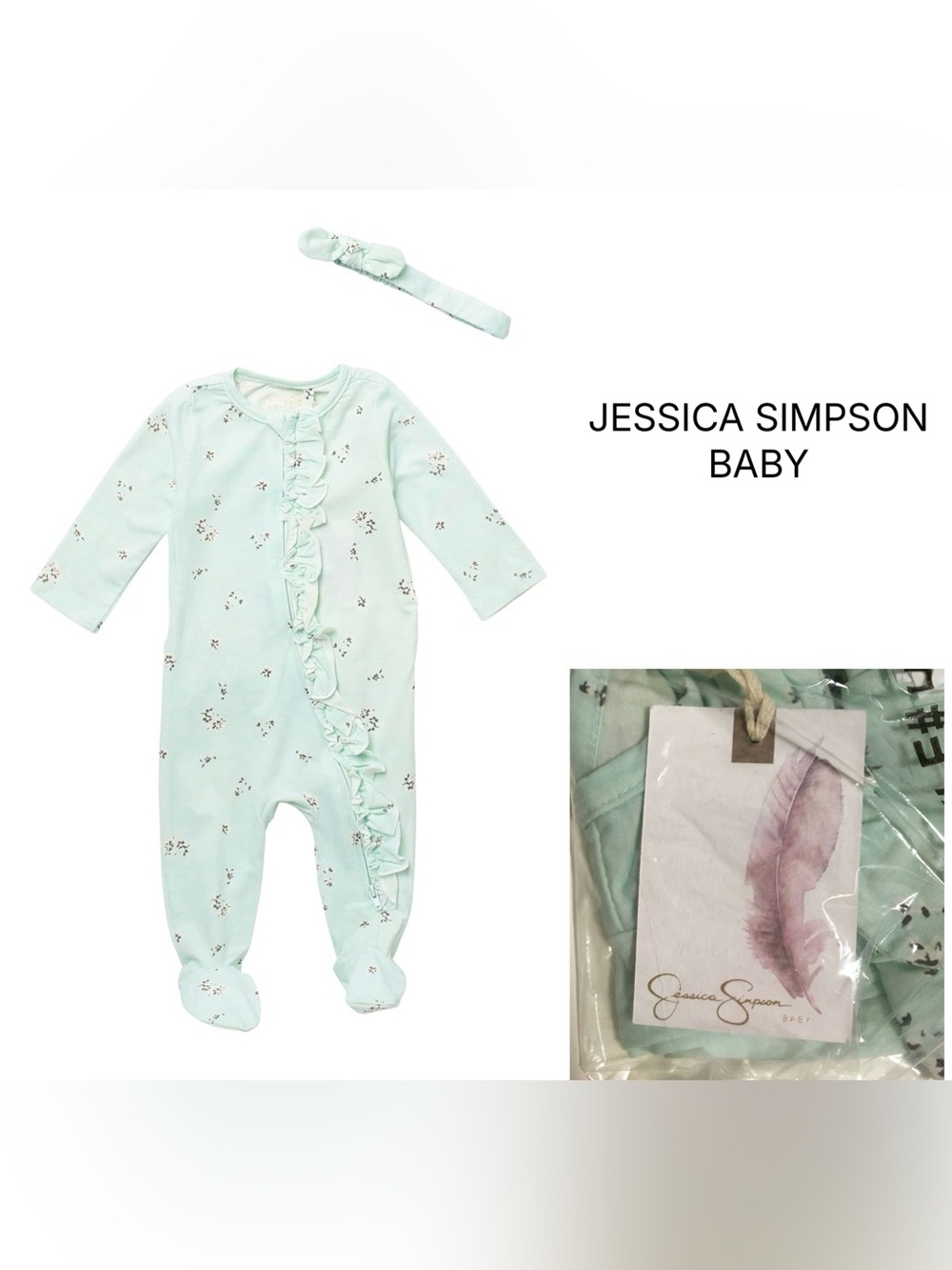 JESSICA SIMPSON BABY - 3/6M - NWT - 2PC AQUA FLORAL SLEEPER AND HEADBAND